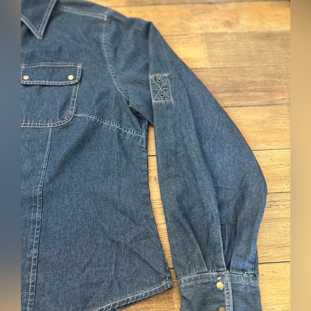 i. e Relaxed Woman Denim Snap Button Western Shirt Dark Wash Long Sleeve Utility - Picture 9 of 15